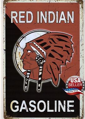 Tin Sign • Petroliana • Red Indian Gasoline •Native American in Feathered Bonnet